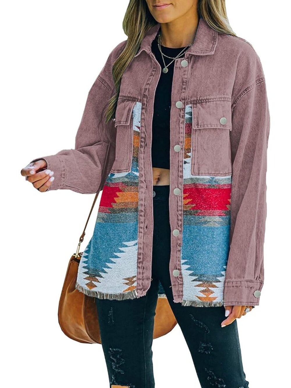 〽️Vintage Claret Women's Aztec Denim Shacket Distressed Jean Jacket